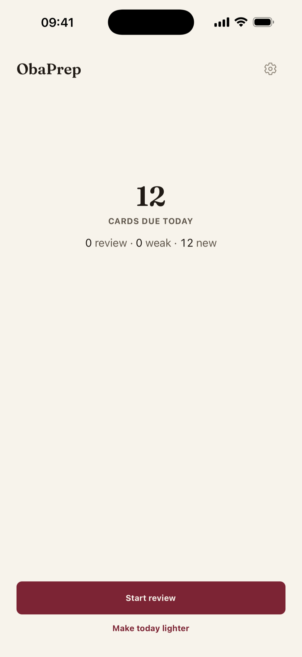 ObaPrep home screen showing cards due today and a start review button