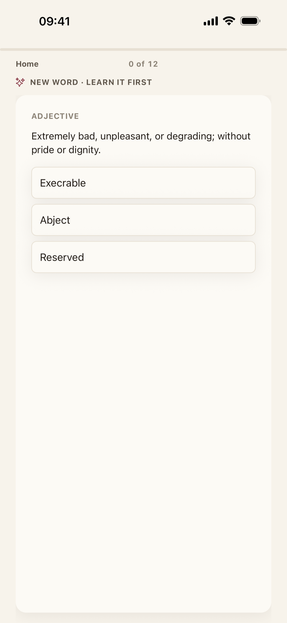 A multiple-choice GRE vocabulary question in ObaPrep