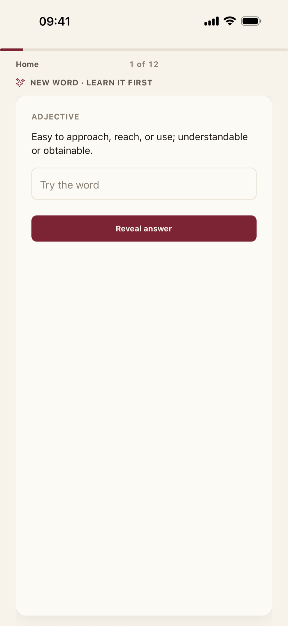 Typing a vocabulary word from memory in ObaPrep